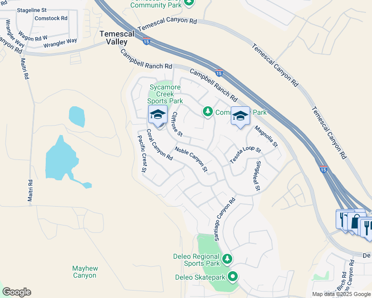 map of restaurants, bars, coffee shops, grocery stores, and more near 25210 Noble Canyon Street in Corona