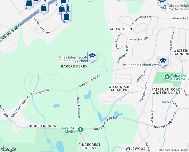 map of restaurants, bars, coffee shops, grocery stores, and more near 4196 Bakers Ferry Road Southwest in Atlanta