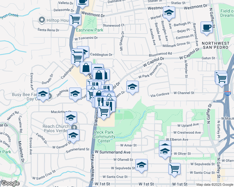 map of restaurants, bars, coffee shops, grocery stores, and more near 1322 West Park Western Drive in Los Angeles