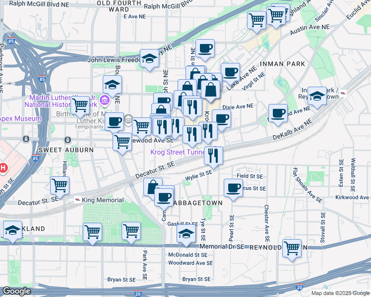 map of restaurants, bars, coffee shops, grocery stores, and more near 670 DeKalb Avenue Northeast in Atlanta