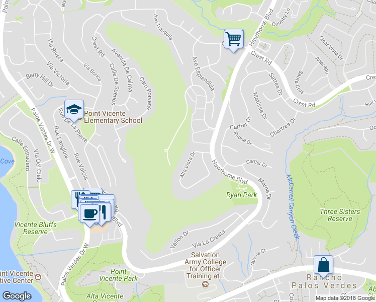 map of restaurants, bars, coffee shops, grocery stores, and more near 6751 Alta Vista Drive in Rancho Palos Verdes