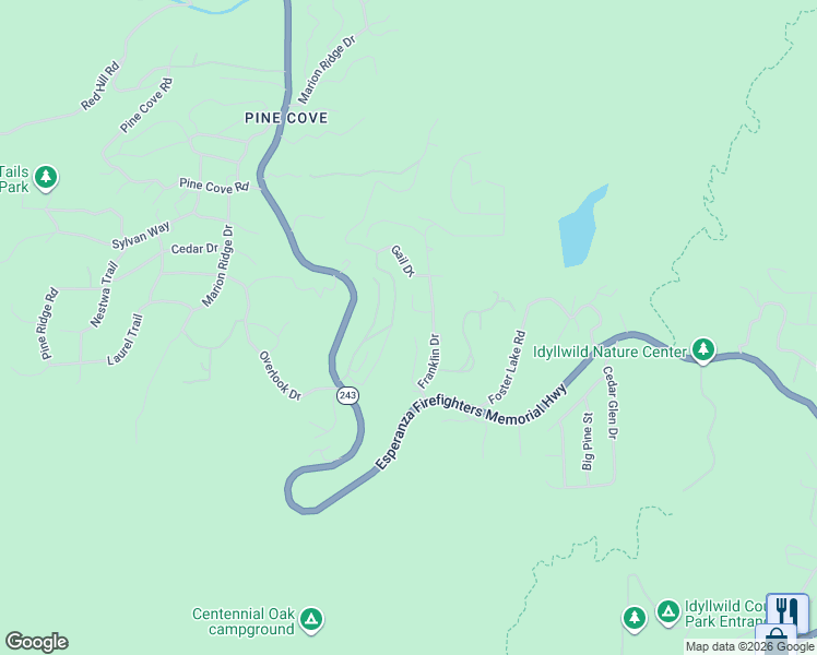map of restaurants, bars, coffee shops, grocery stores, and more near 25361 Skyline Way in Idyllwild-Pine Cove