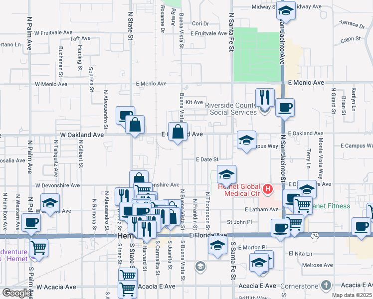 map of restaurants, bars, coffee shops, grocery stores, and more near 362 North Buena Vista Street in Hemet