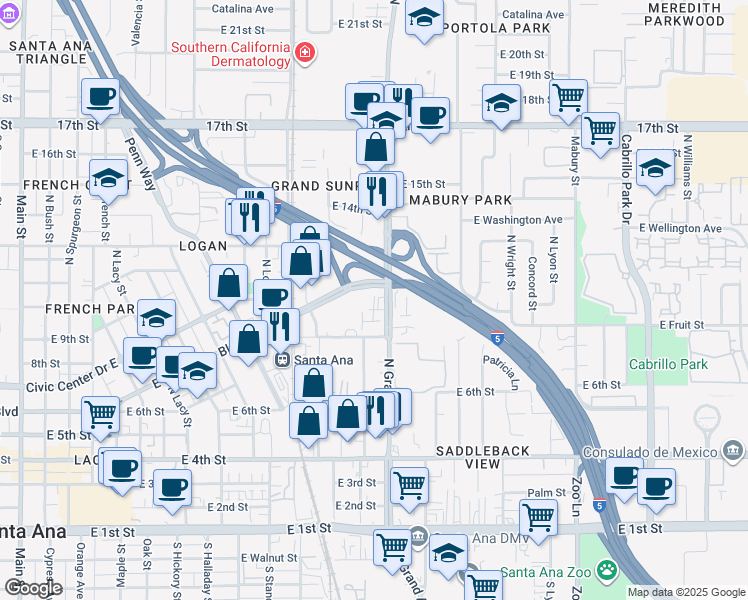 map of restaurants, bars, coffee shops, grocery stores, and more near 1214 Stafford Street in Santa Ana