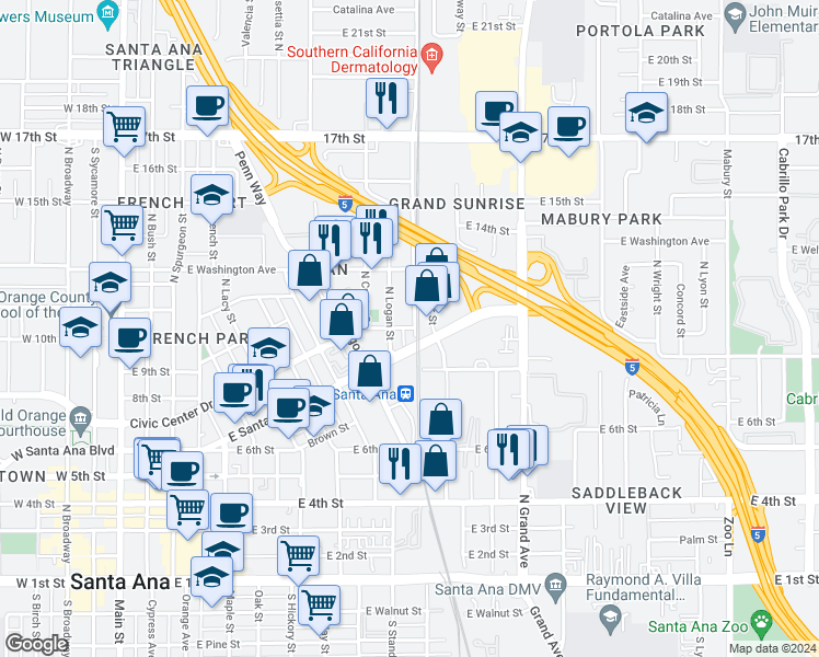 map of restaurants, bars, coffee shops, grocery stores, and more near 920 Lincoln Avenue in Santa Ana
