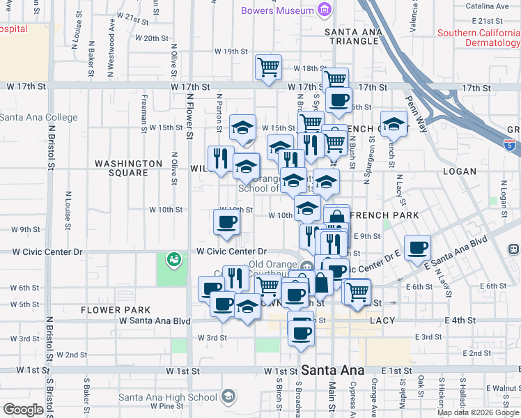 map of restaurants, bars, coffee shops, grocery stores, and more near 445w West Civic Center Drive in Santa Ana
