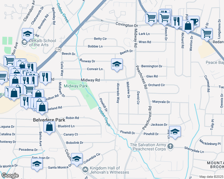 map of restaurants, bars, coffee shops, grocery stores, and more near 1380 Sandy Lane in Decatur