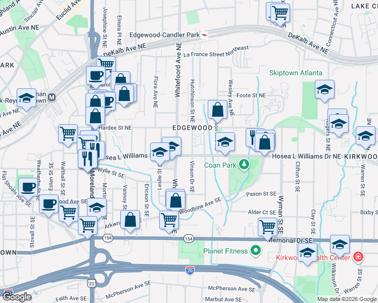 map of restaurants, bars, coffee shops, grocery stores, and more near 1433 Hosea L Williams Drive Southeast in Atlanta