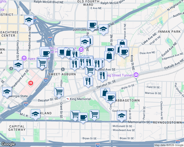 map of restaurants, bars, coffee shops, grocery stores, and more near 49 Boulevard Southeast in Atlanta