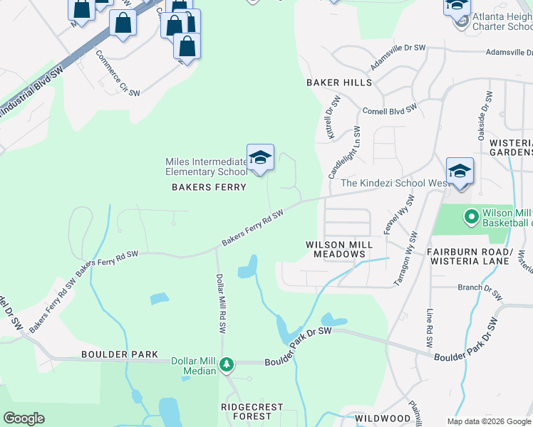 map of restaurants, bars, coffee shops, grocery stores, and more near 4196 Bakers Ferry Road Southwest in Atlanta