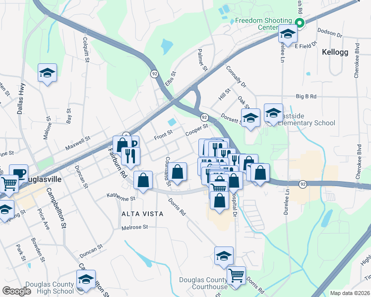 map of restaurants, bars, coffee shops, grocery stores, and more near 6208 Beaver Street in Douglasville