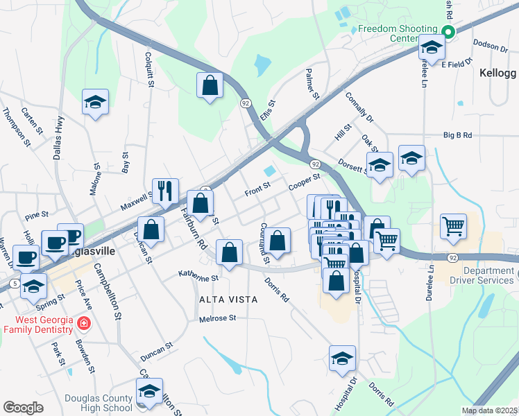 map of restaurants, bars, coffee shops, grocery stores, and more near 6286 Cooper Street in Douglasville