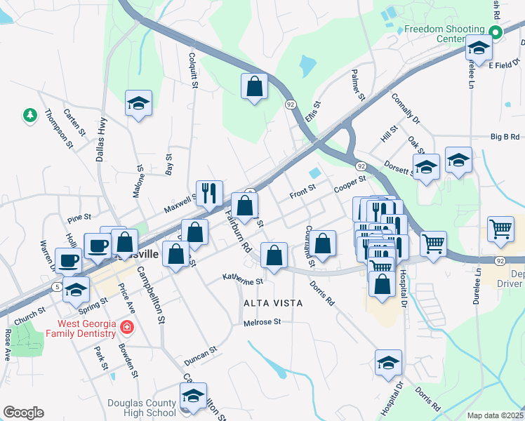 map of restaurants, bars, coffee shops, grocery stores, and more near 8316 Grady Street in Douglasville