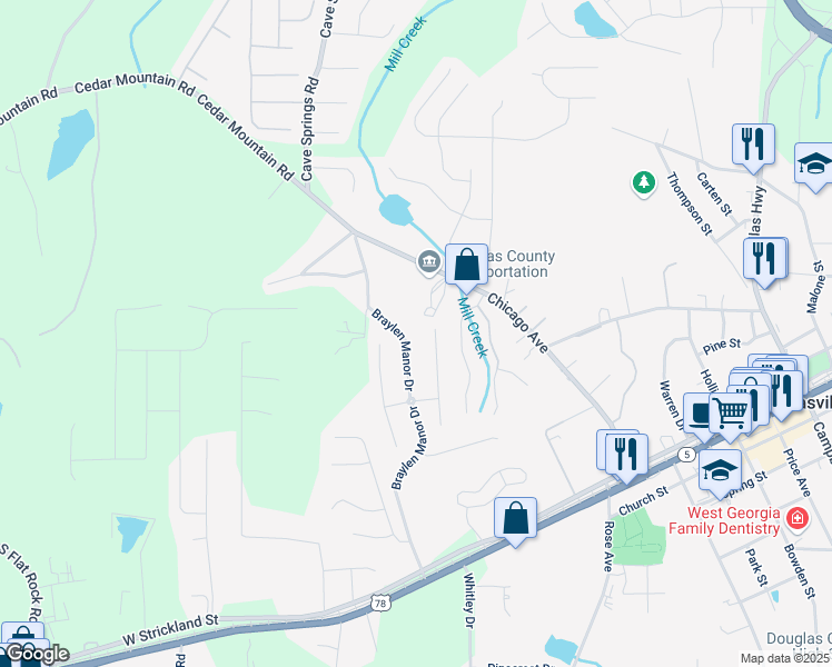 map of restaurants, bars, coffee shops, grocery stores, and more near 8553 Braylen Manor Drive in Douglasville