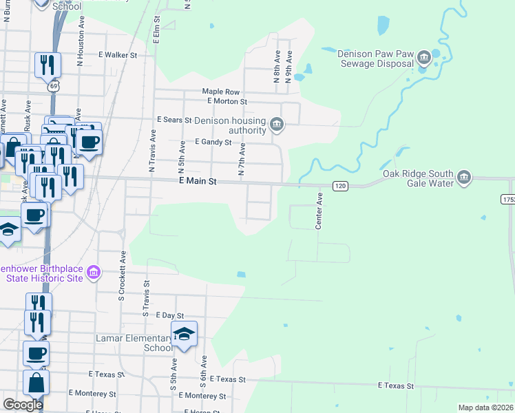 map of restaurants, bars, coffee shops, grocery stores, and more near 726 East Crawford Street in Denison