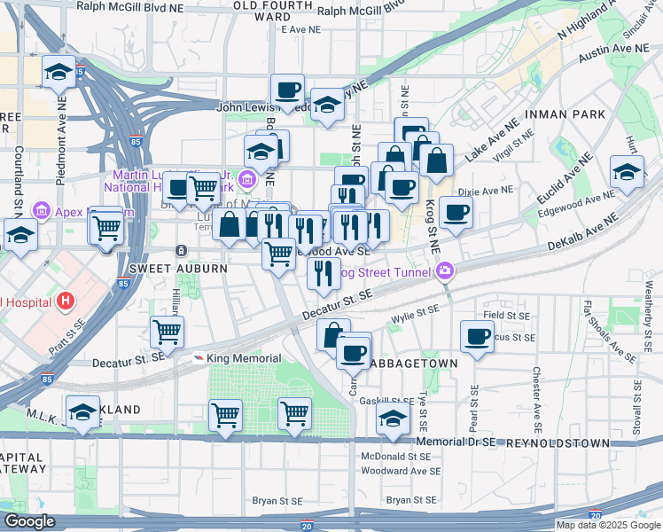 map of restaurants, bars, coffee shops, grocery stores, and more near 25 Bradley Street Southeast in Atlanta