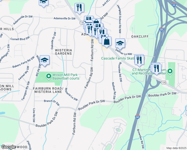 map of restaurants, bars, coffee shops, grocery stores, and more near 114 Fairburn Road Southwest in Atlanta