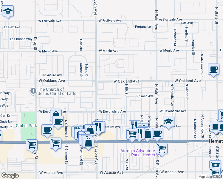 map of restaurants, bars, coffee shops, grocery stores, and more near 1525 West Oakland Avenue in Hemet