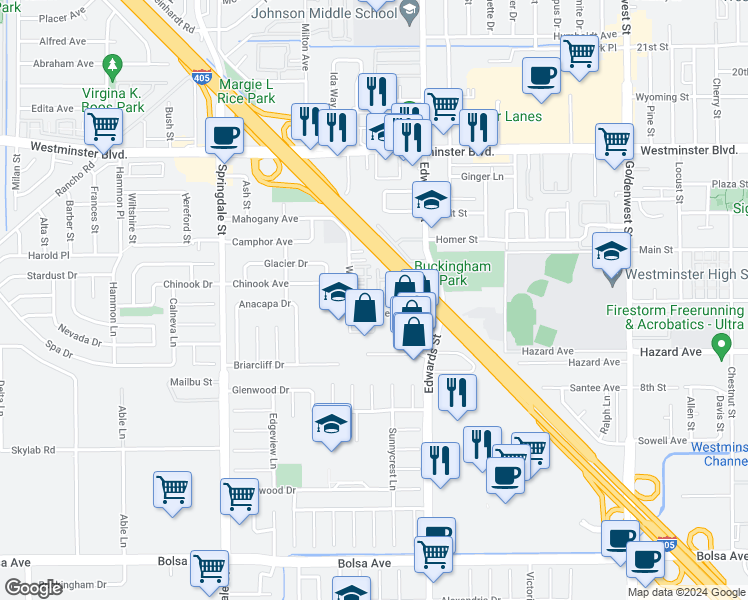 map of restaurants, bars, coffee shops, grocery stores, and more near 14371 Cambria Court in Westminster