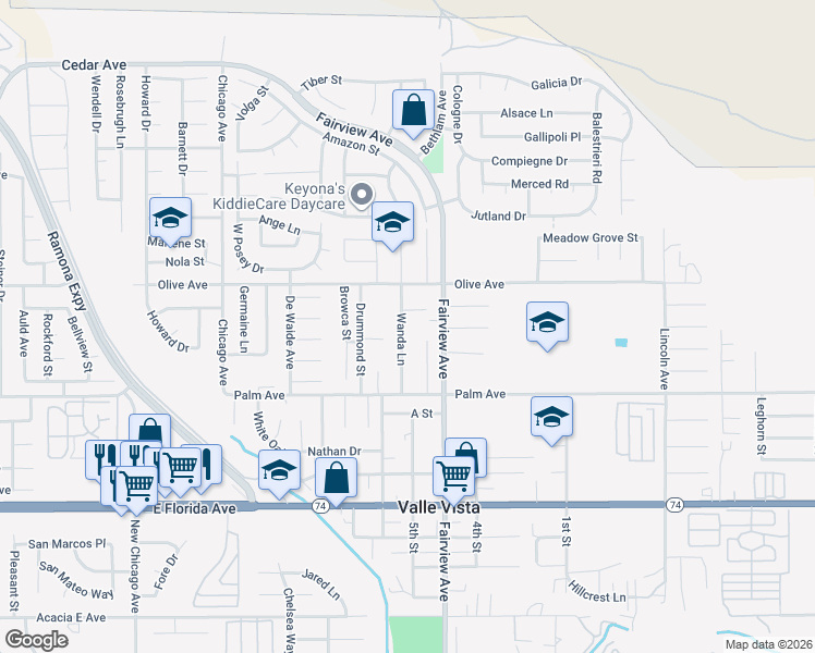 map of restaurants, bars, coffee shops, grocery stores, and more near 25346 Wanda Lane in Hemet