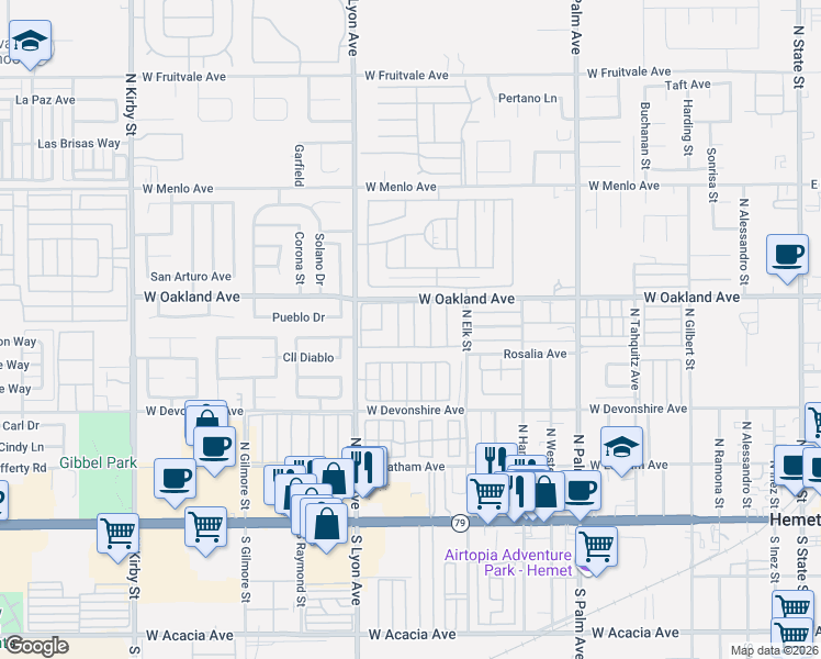 map of restaurants, bars, coffee shops, grocery stores, and more near 332 North Lyon Avenue in Hemet