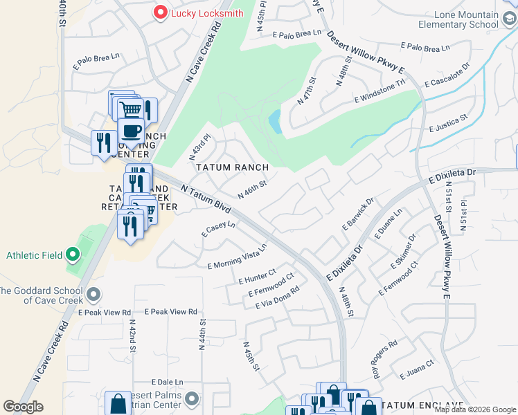 map of restaurants, bars, coffee shops, grocery stores, and more near 29435 North 46th Place in Cave Creek