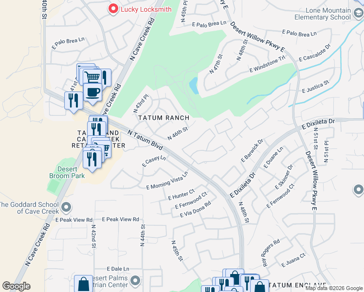 map of restaurants, bars, coffee shops, grocery stores, and more near 29435 North 46th Place in Cave Creek
