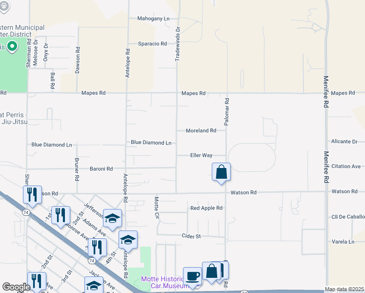 map of restaurants, bars, coffee shops, grocery stores, and more near 25270 Tradewinds Drive in Romoland
