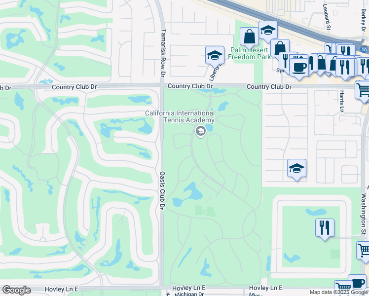 map of restaurants, bars, coffee shops, grocery stores, and more near 40565 Pebble Beach Circle in Palm Desert
