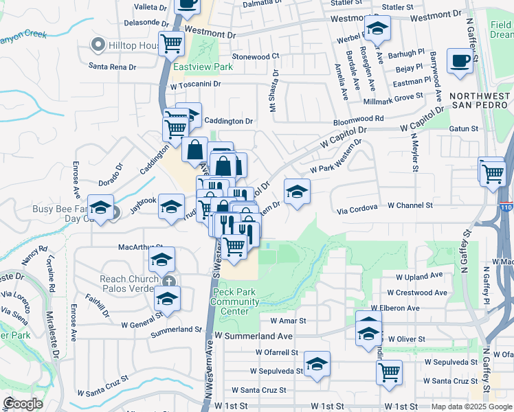 map of restaurants, bars, coffee shops, grocery stores, and more near 1326 West Park Western Drive in Los Angeles