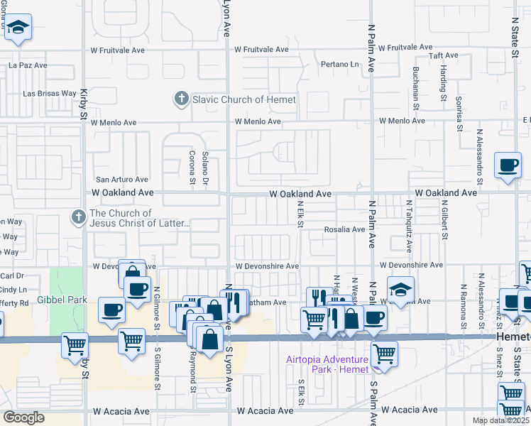 map of restaurants, bars, coffee shops, grocery stores, and more near 1525 West Oakland Avenue in Hemet