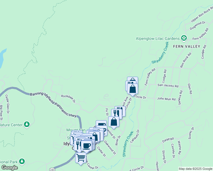 map of restaurants, bars, coffee shops, grocery stores, and more near 54650 Falling Leaf Drive in Idyllwild-Pine Cove