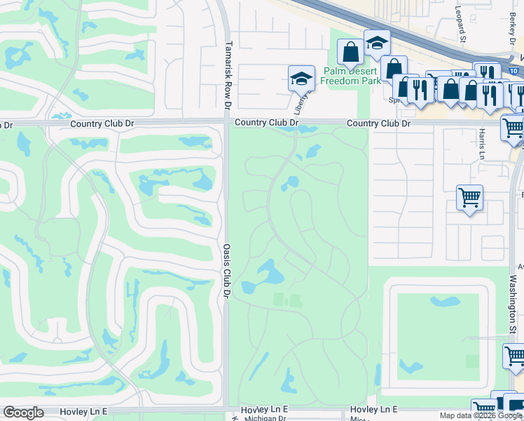 map of restaurants, bars, coffee shops, grocery stores, and more near 40314 Pebble Beach Circle in Palm Desert