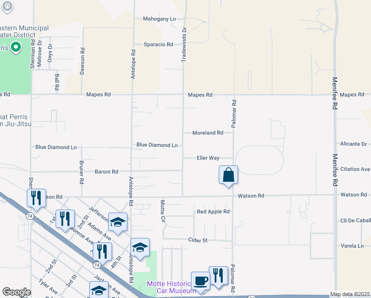 map of restaurants, bars, coffee shops, grocery stores, and more near 25270 Tradewinds Drive in Romoland