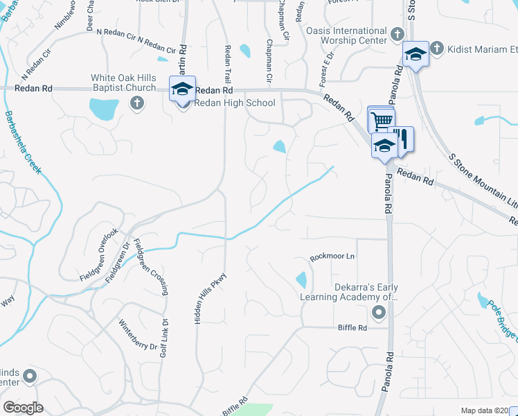 map of restaurants, bars, coffee shops, grocery stores, and more near 1346 Muirforest Drive in Stone Mountain