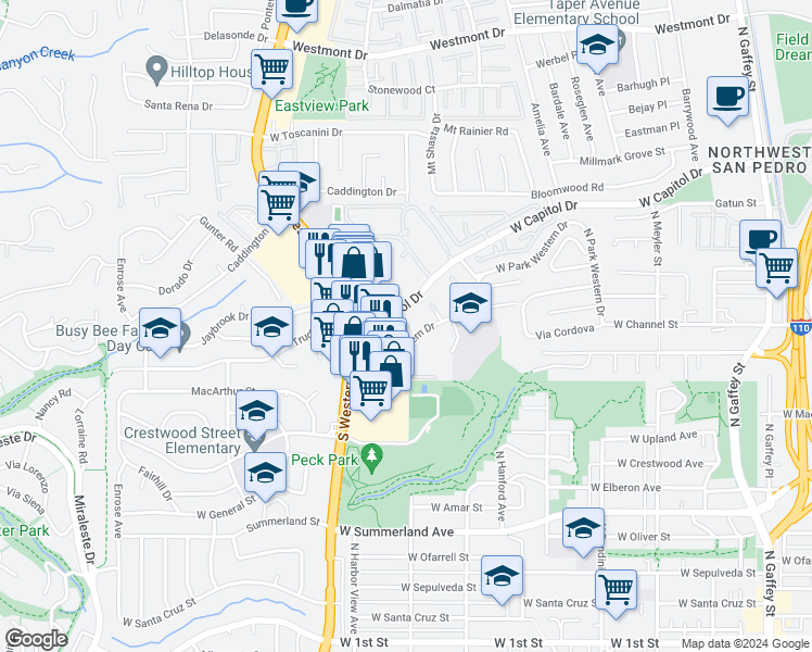 map of restaurants, bars, coffee shops, grocery stores, and more near 1326 West Park Western Drive in Los Angeles