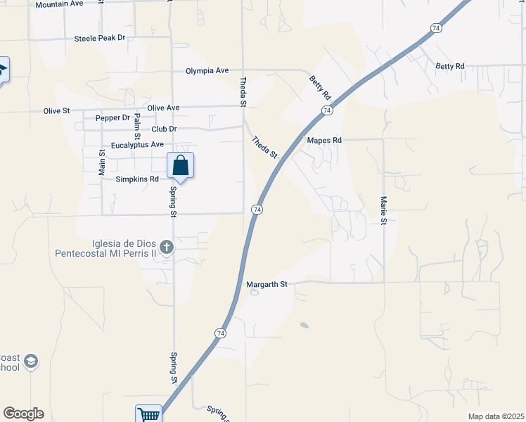 map of restaurants, bars, coffee shops, grocery stores, and more near 25218 California 74 in Perris