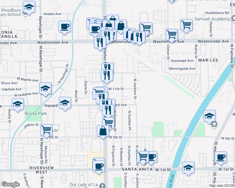 map of restaurants, bars, coffee shops, grocery stores, and more near 1010 North Bewley Street in Santa Ana