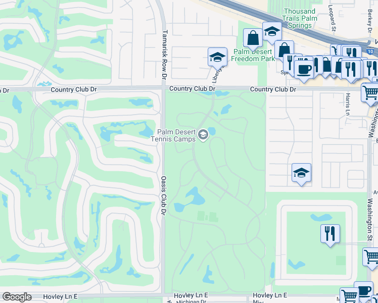 map of restaurants, bars, coffee shops, grocery stores, and more near 40583 Pebble Beach Circle in Palm Desert