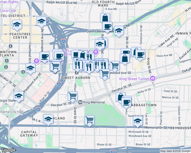 map of restaurants, bars, coffee shops, grocery stores, and more near 2 Fitzgerald St SE in Atlanta