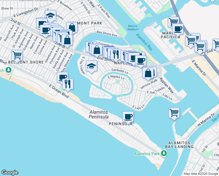 map of restaurants, bars, coffee shops, grocery stores, and more near 29 West Neapolitan Lane in Long Beach