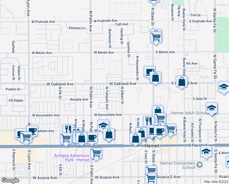 map of restaurants, bars, coffee shops, grocery stores, and more near 675 West Oakland Avenue in Hemet