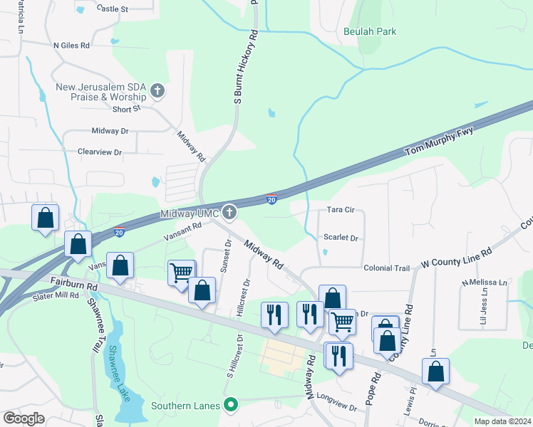 map of restaurants, bars, coffee shops, grocery stores, and more near 3956 Magnolia Trail in Douglasville
