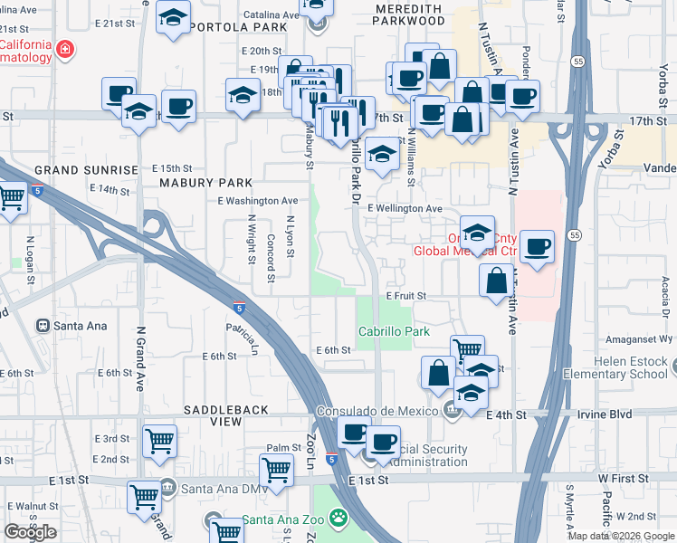 map of restaurants, bars, coffee shops, grocery stores, and more near 1042 Cabrillo Park Drive in Santa Ana