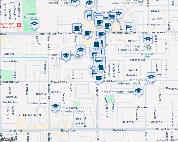 map of restaurants, bars, coffee shops, grocery stores, and more near 9884 11th Street in Garden Grove