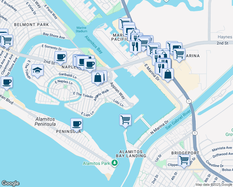 map of restaurants, bars, coffee shops, grocery stores, and more near 6000 Appian Way in Long Beach