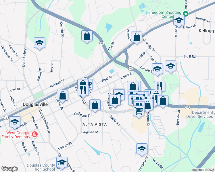 map of restaurants, bars, coffee shops, grocery stores, and more near 6286 Cooper Street in Douglasville