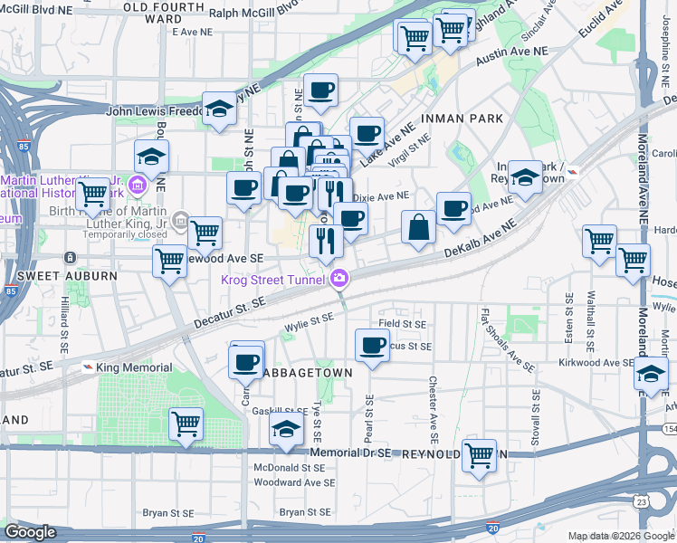 map of restaurants, bars, coffee shops, grocery stores, and more near 30 Waddell Street Northeast in Atlanta
