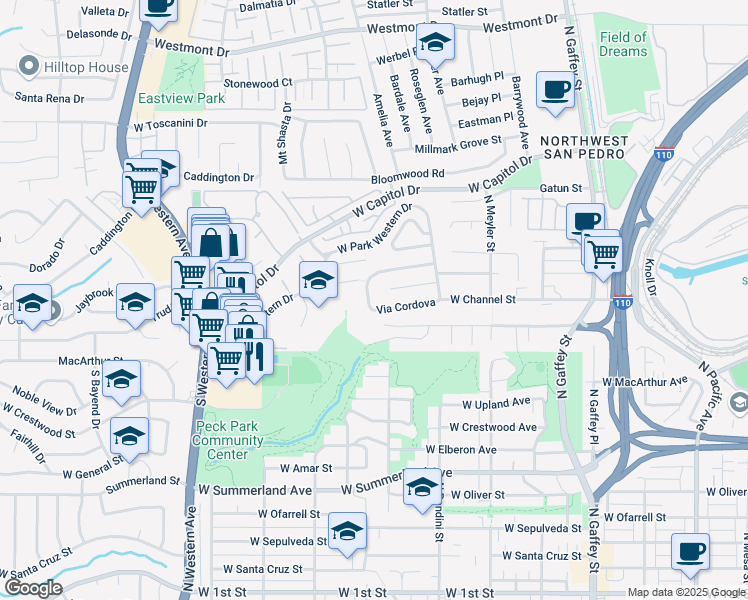 map of restaurants, bars, coffee shops, grocery stores, and more near 1063 Via Cordova in Los Angeles