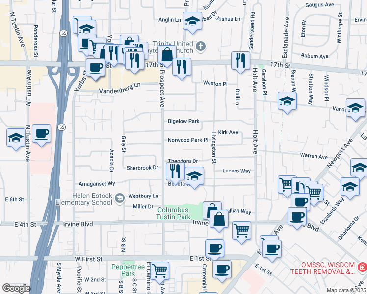 map of restaurants, bars, coffee shops, grocery stores, and more near 17861 Norwood Park Place in Tustin